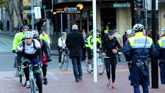 Police undertaking Operation Pedro at Pyrmont to crackdown on irresponsible cycling behaviour.