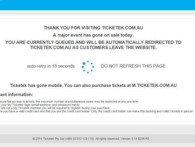 Prince fans and Ticketek users have been greeted by this page, with some saying they lost their places. Picture: Ticketek
