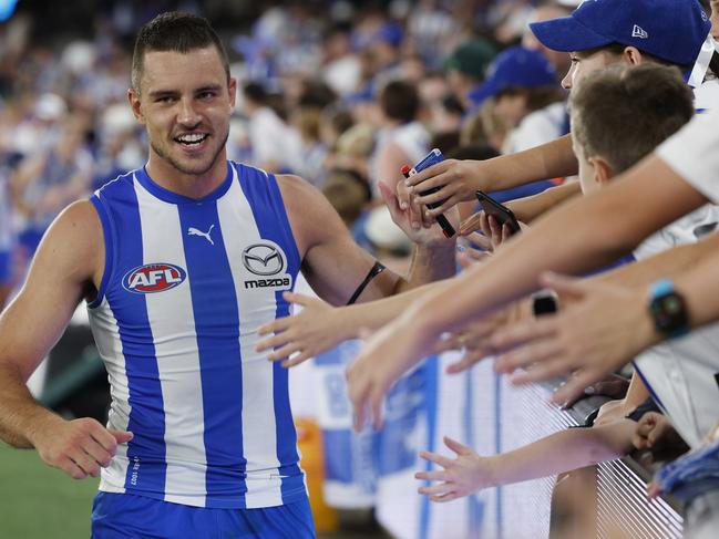 NCA. MELBOURNE, AUSTRALIA. 22nd March, 2025 .  AFL Round 2. North Melbourne vs Melbourne at the Marvel Stadium.  Luke Davies-Uniacke of the Kangaroos after win over Melbourne  . Picture: Michael Klein