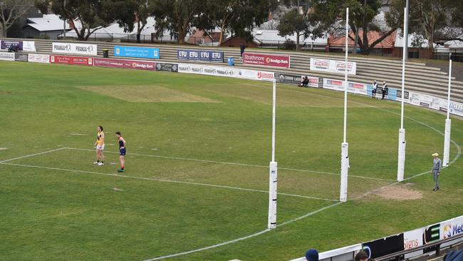 The AFL trialled an 18m goalsquare in a VFL match between Coburg and Werribee. Picture: Tony Gough