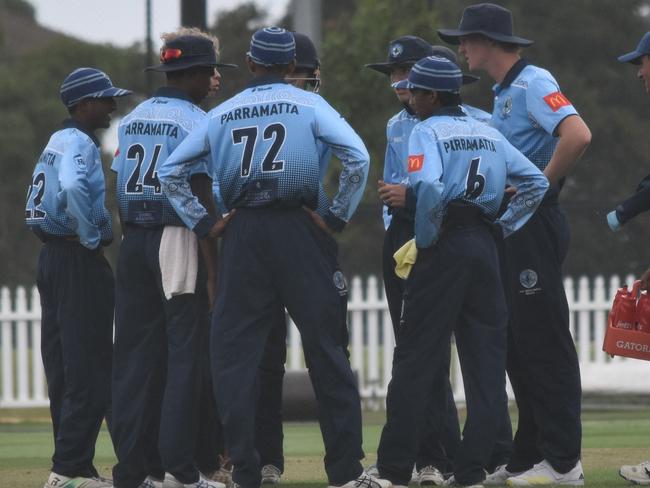 Parramatta celebrates a wicket. Picture: Sean Teuma