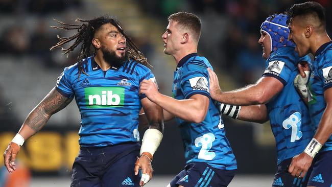 The Blues’ Ma'a Nonu celebrates scoring against the Waratahs on Saturday night. Picture: Getty Images