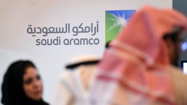 A logo of Saudi state oil giant Aramco. Photo by Fayez Nureldine / AFP