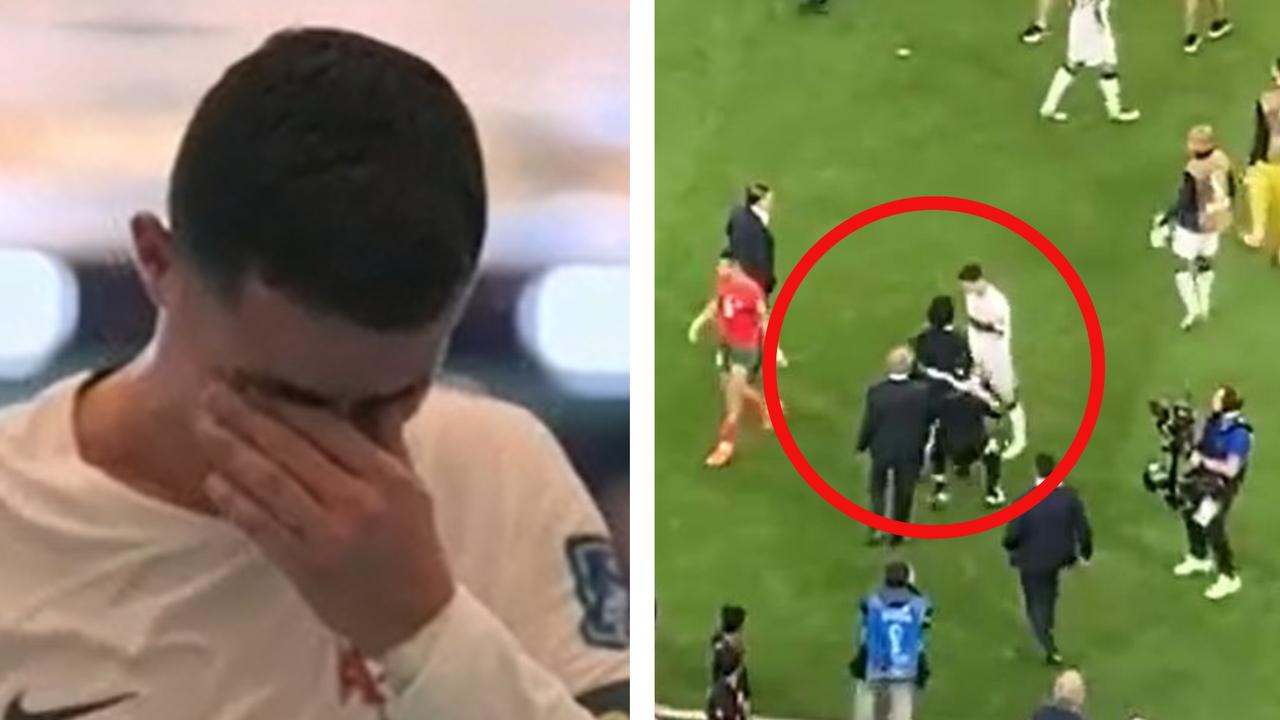 Cristiano Ronaldo went off in tears and was accosted by a pitch invader. Picture: Supplied