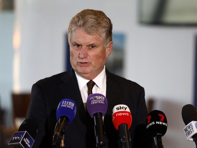 TC chairman Peter McGauran holding a press conference at Royal Randwick Racecourse after members voted no to the sale of Rosehill Racecourse. Picture: Jonathan Ng