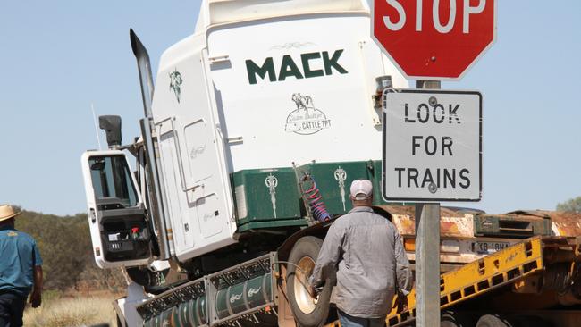 A cattle truck has crashed into The Ghan on the Artlunga tourist drive, 50km north of Alice Springs. Picture: Gera Kazakov