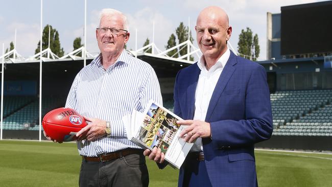 Businessman Errol Stewart and Tasmanian Premier Peter Gutwein at UTAS Stadium in Launceston for the Tasmanian AFL Taskforce business case launch. Picture: Patrick Gee