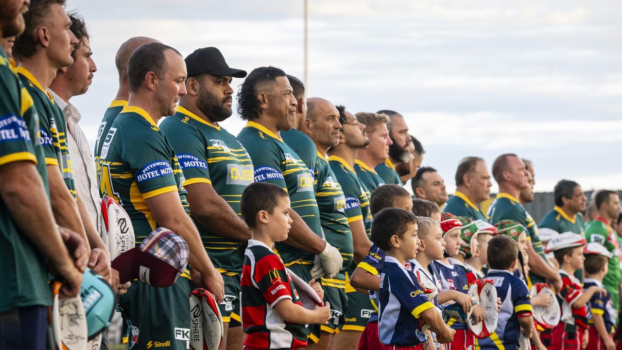 The Australian Legends and Pittsworth All Stars prepare for their match at Club Pittsworth in February. Picture: Kevin Farmer