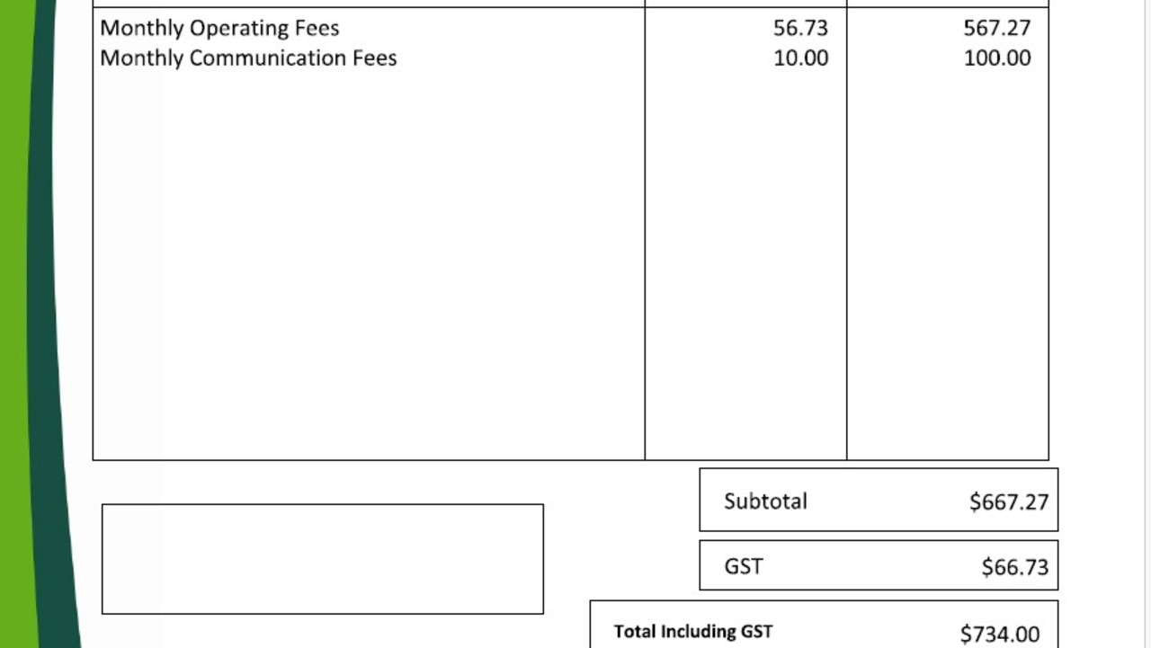 A monthly fee invoice from V.I.P. Picture: Supplied