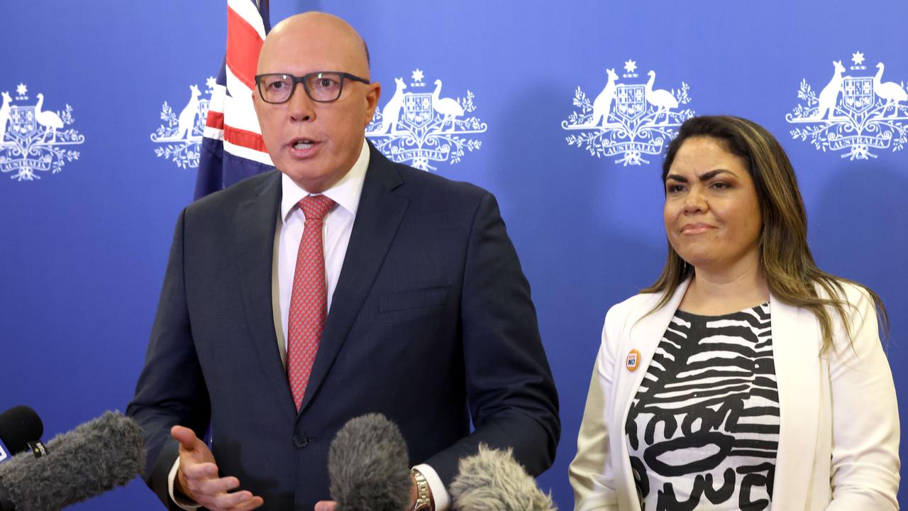 Peter Dutton and Jacinta Price speak at the Hyatt Regency Brisbane. Picture: Steve Pohlner