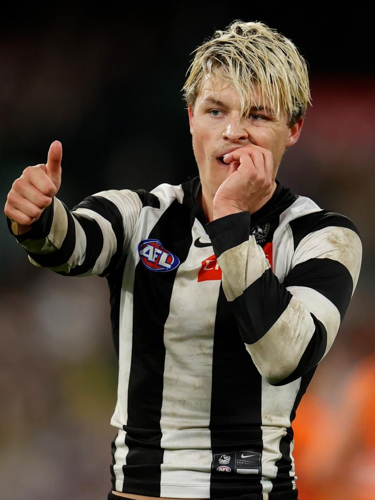 Thumbs up if you had a win. Pie young gun Jack Ginnivan after booking the points. Picture: AFL Photos/Getty Images