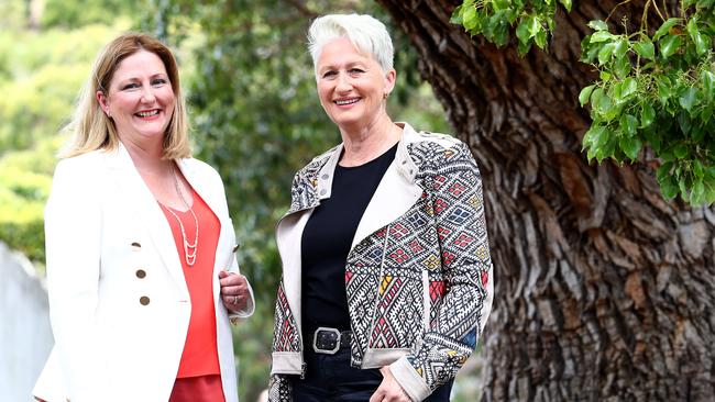 Mayo MP Rebekha Sharkie with independent candidate for Wentworth Kerryn Phelps. Picture: Hollie Adams/The Australian