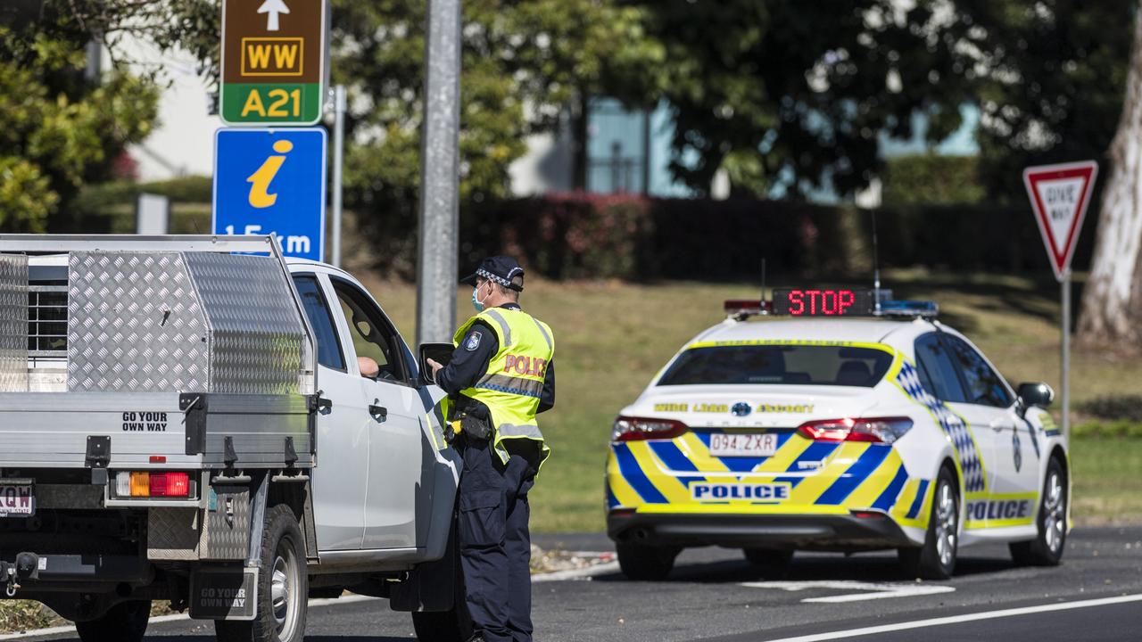 Police check motorists for Covid compliance at the top of the range entry to Toowoomba. Picture: Kevin Farmer