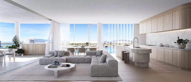 An artist’s impression of an apartment interior at Townsville’s Marina Residences, looking east to Magnetic Island. Picture: Supplied.