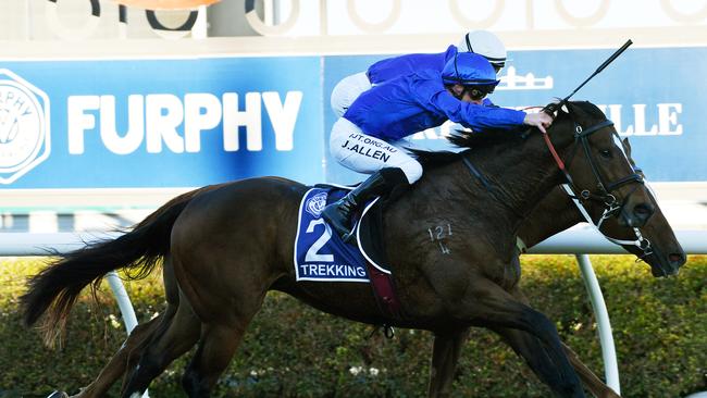 John Allen rides Trekking to victory in The Furphy Goodwood. Picture: AAP/David Mariuz