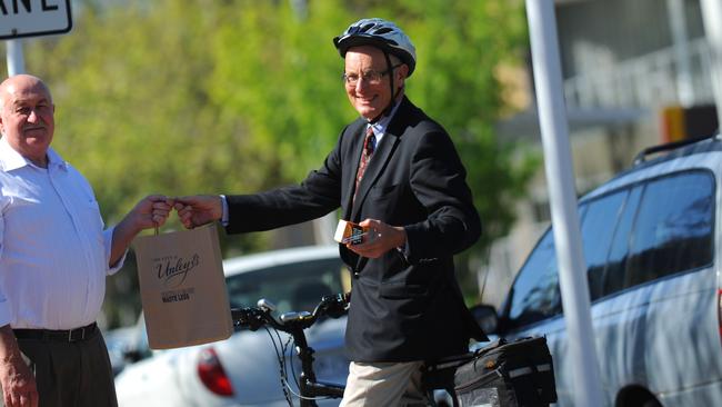 Unley Mayor Michael Hewitson (wearing helmet, pictured with Les Birch) is a cyclist. Picture: Naomi Jellicoe