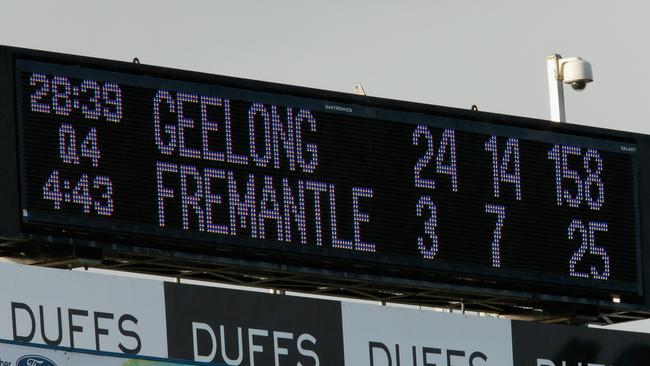 The scoreboard shows Geelong 133 points in front. Picture: Getty Images