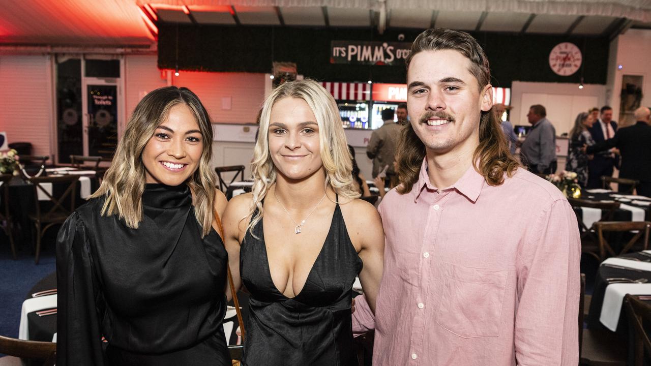 At the Toowoomba Rugby League gala presentation night 2022 are (from left) Nat Webb, Best and Fairest Open Womens Hancock Edwards Medal recipient Courtney-Lee Nolan and James Gauld at Clive Berghofer Grande Atrium Clifford Park, Friday, September 9, 2022. Picture: Kevin Farmer