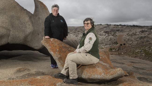 Alison Buck, manager of the Kangaroo Island Wilderness Trail and Fiona Jago, owner of the Western Kangaroo Island Caravan Park at Remarkable Rocks in Flinders Chase National Park. Picture: Simon Cross