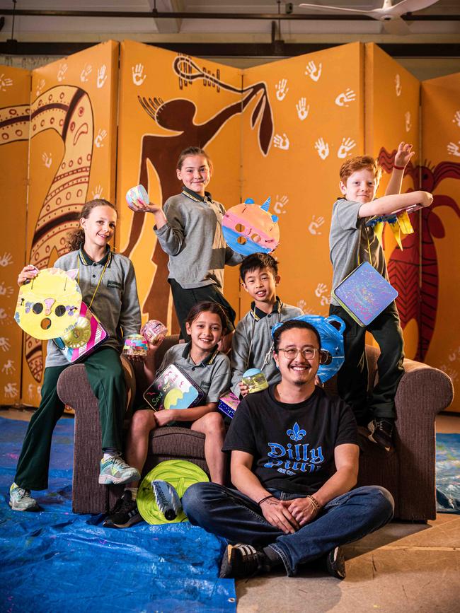 Erskinville Public students L to R: Anika Gill (9), Nadia Hammond (9), Harper Dance (9), Isaac Chan (8) and Callan Knox (8) have worked with artist Jason Phu on his Antidote festival artwork. Picture: Flavio Brancaleone