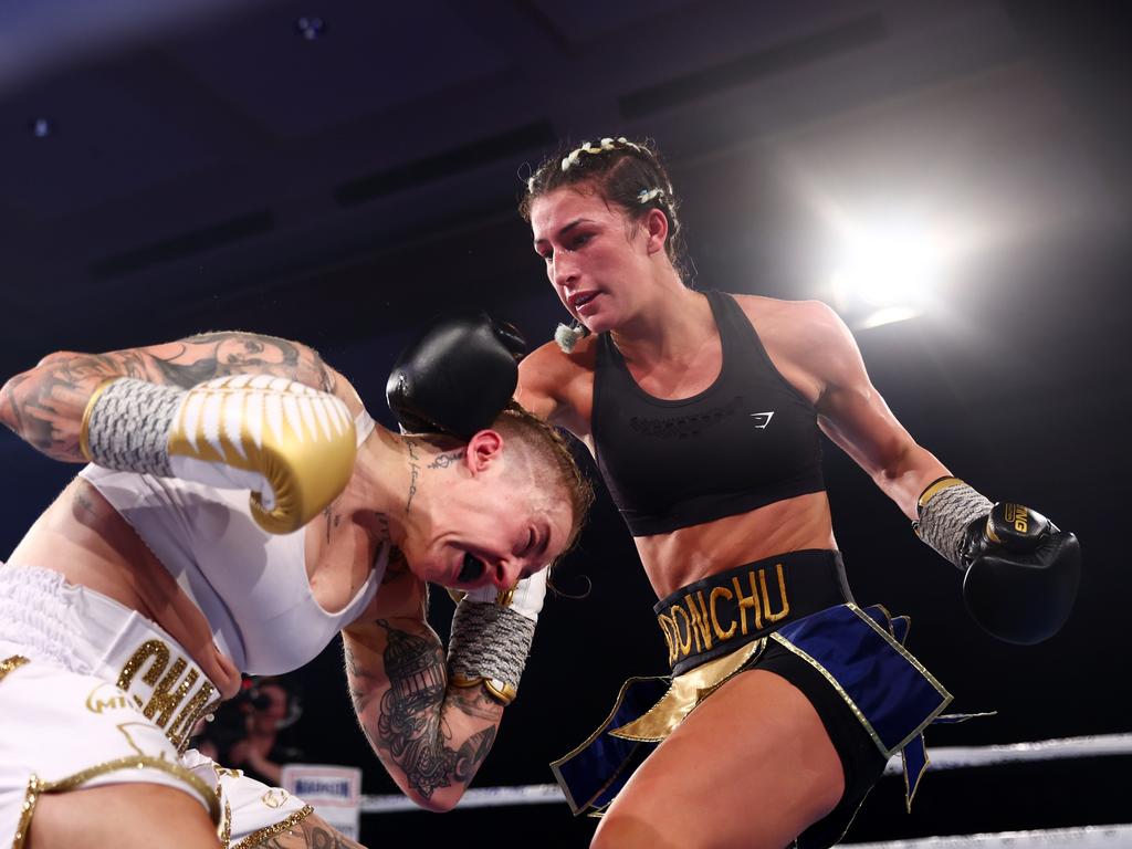 Jasmine Parr punches Nicila Costello during their WIBA Flyweight World Title fight at The Star Gold Coast on December 03, 2022 in Gold Coast, Australia. Picture: Getty Images