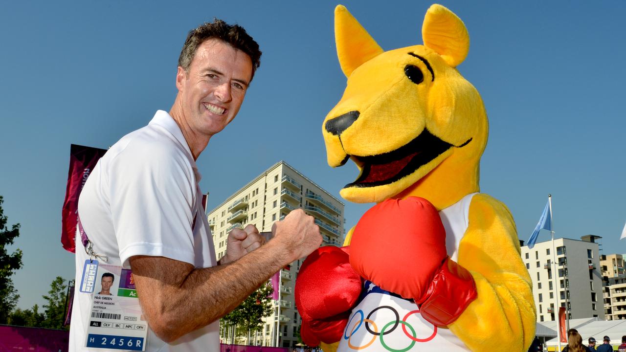 BK the Boxing Kangaroo poses with former Olympic rower and London Olympics 2012 Australian Chef De Mission Nick Green. Picture: Brad Fleet