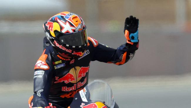 KTM Australian rider Jack Miller waves during the first MotoGP free practice session of the Moto Grand Prix of Catalonia at the Circuit de Catalunya on September 1, 2023 in Montmelo on the outskirts of Barcelona. (Photo by LLUIS GENE / AFP)