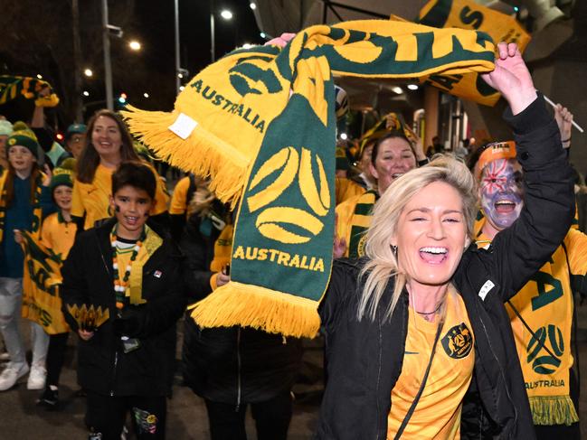 Supporters of Australia are seen prior to the Australia and New Zealand 2023 Women's World Cup Group B football match between Canada and Australia at Melbourne Rectangular Stadium, also known as AAMI Park, in Melbourne on July 31, 2023. (Photo by WILLIAM WEST / AFP)