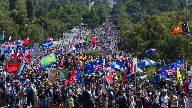 Demonstrators against Covid mandates march to Parliament House. Picture: Martin Ollman/NCA NewsWire