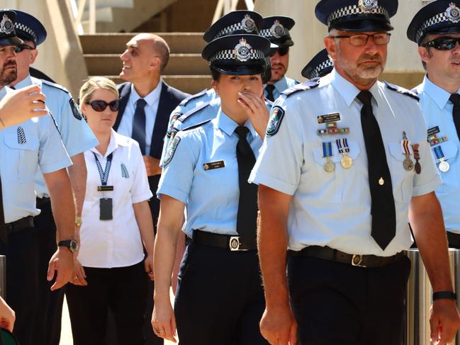Mourners at the memorial service with full police honours for constables Rachel McCrow and Matthew Arnold at Brisbane Entertainment Centre. Picture: David Clark