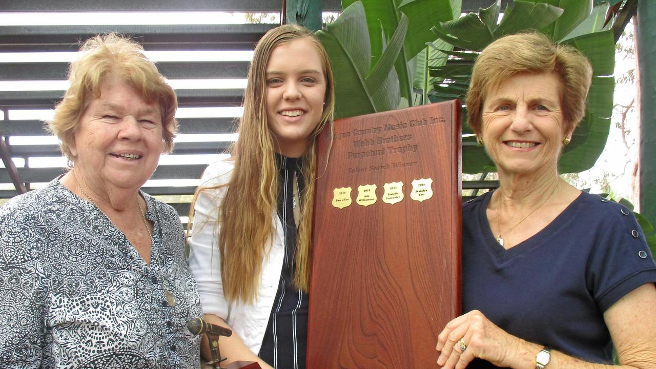 Tanda (left) and Julia Webb with the winner of this years talent quest, Alison Jensen of The Palms. Source: Courier Mail.