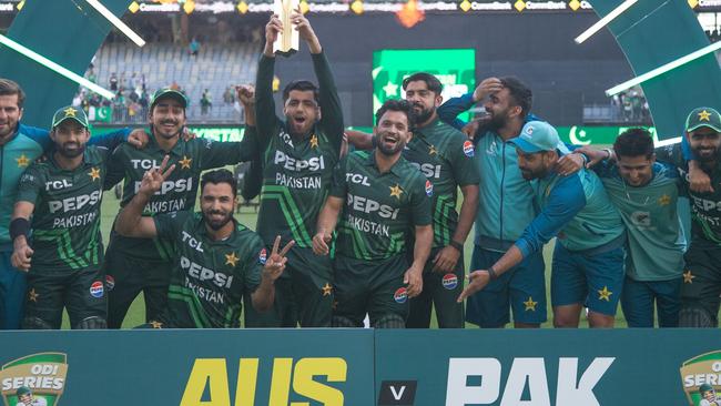 Pakistan’s players celebrate winning the series. Picture: David Woodley / AFP