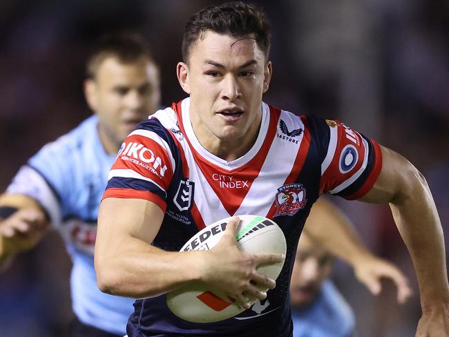 SYDNEY, AUSTRALIA - SEPTEMBER 09: Joseph Manu of the Roosters in action during the NRL Elimination Final match between Cronulla Sharks and Sydney Roosters at PointsBet Stadium on September 09, 2023 in Sydney, Australia. (Photo by Mark Metcalfe/Getty Images)