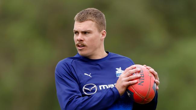 MELBOURNE, AUSTRALIA - MARCH 03: Cameron Zurhaar of the Kangaroos warms up during the 2024 AFL AAMI Community Series match between the St Kilda Saints and North Melbourne Kangaroos at RSEA Park on March 03, 2024 in Melbourne, Australia. (Photo by Dylan Burns/AFL Photos via Getty Images)