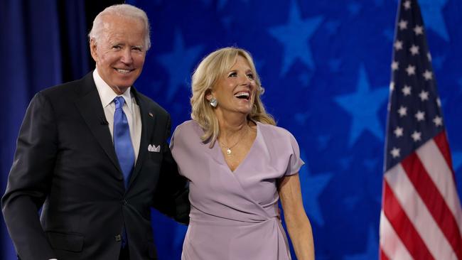 Joe Biden appears oh stage with his wife Dr. Jill Biden after delivering his acceptance speech on the fourth night of the Democratic National Convention. Picture: AFP.