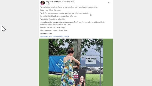 Cairns mayoral candidate Amy Eden's Facebook post earlier this week bares a striking resemblance to Dr Rebecca Vonhoff's, published earlier in the month.