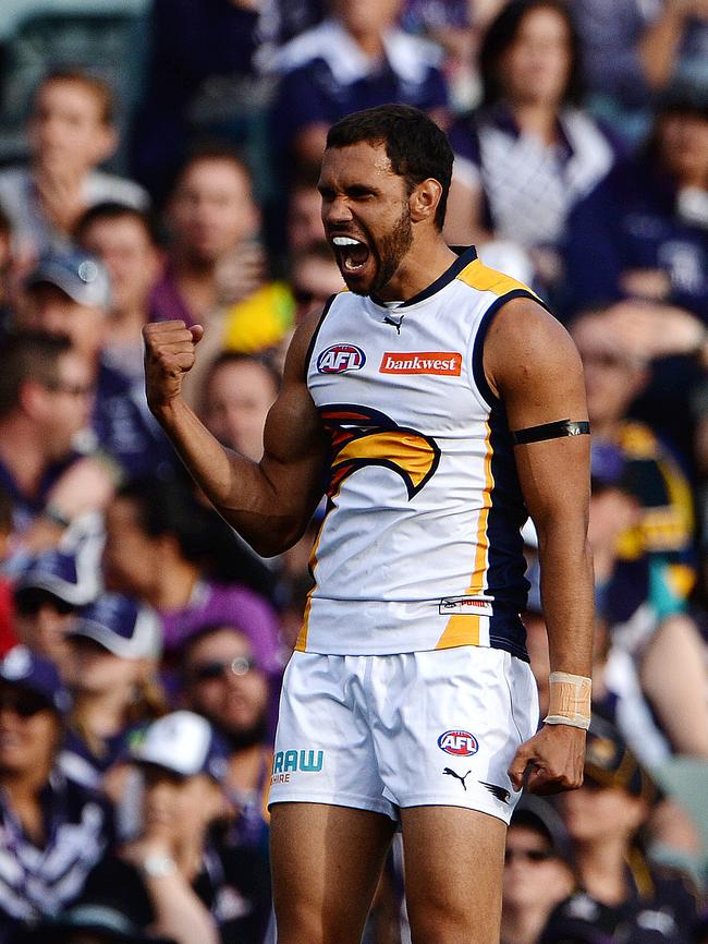 Josh Hill celebrates a goal for West Coast