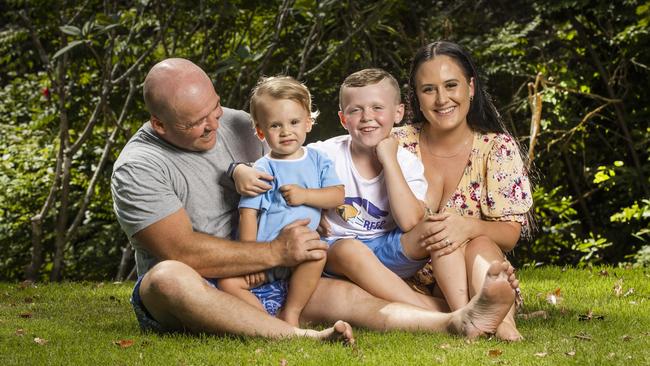 Wayde Kelly with Sammy, Kyden and Koa. Picture: Nigel Hallett