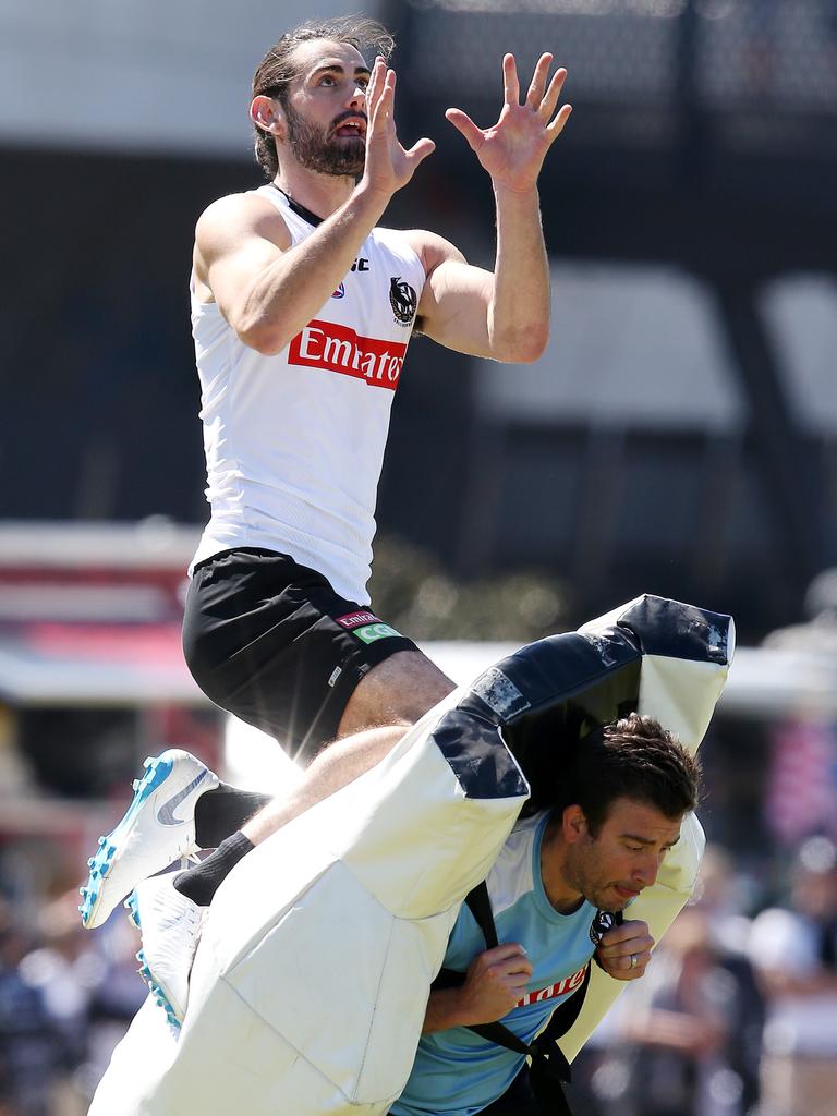 Brodie Grundy marks at Collingwood training. Picture: Michael Klein