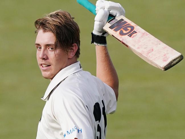 Cameron Green of Western Australia celebrates a century during the Marsh Sheffield Shield match between the Tasmanian Tigers and Western Australia at Blundstone Arena in Hobart, Monday, February 24, 2020. (AAP Image/Michael Dodge) NO ARCHIVING, EDITORIAL USE ONLY, IMAGES TO BE USED FOR NEWS REPORTING PURPOSES ONLY, NO COMMERCIAL USE WHATSOEVER, NO USE IN BOOKS WITHOUT PRIOR WRITTEN CONSENT FROM AAP