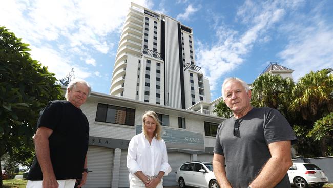 Residents of Eclipse and La Grande in Broadbeach: Warren Newcombe, Linda Newcombe and Garry Muldoon. Photograph : Jason O'Brien