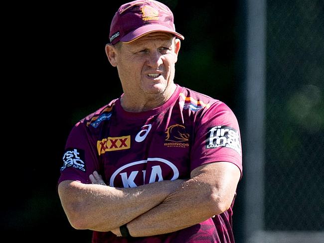 BRISBANE, AUSTRALIA - APRIL 27: Coach Kevin Walters watches on during a Brisbane Broncos NRL training session at the Clive Berghofer Centre on April 27, 2021 in Brisbane, Australia. (Photo by Bradley Kanaris/Getty Images)