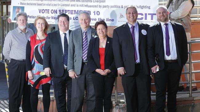 Liverpool Community Independents Team candidates on the campaign trail on Saturday. (L-R) Mark George, Narelle van den Bos, Bernard Garling, Peter Harle, Karress Rhodes, Michael Andjelkovic and Erik Rakowski. Picture: Tim Clapin.