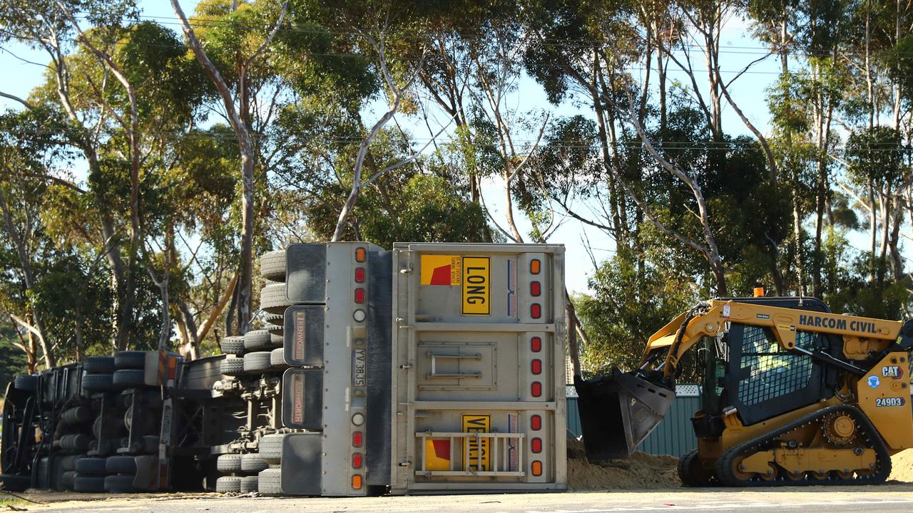 A sand truck overturned on Bacchus Marsh Rd. Picture: Alison Wynd