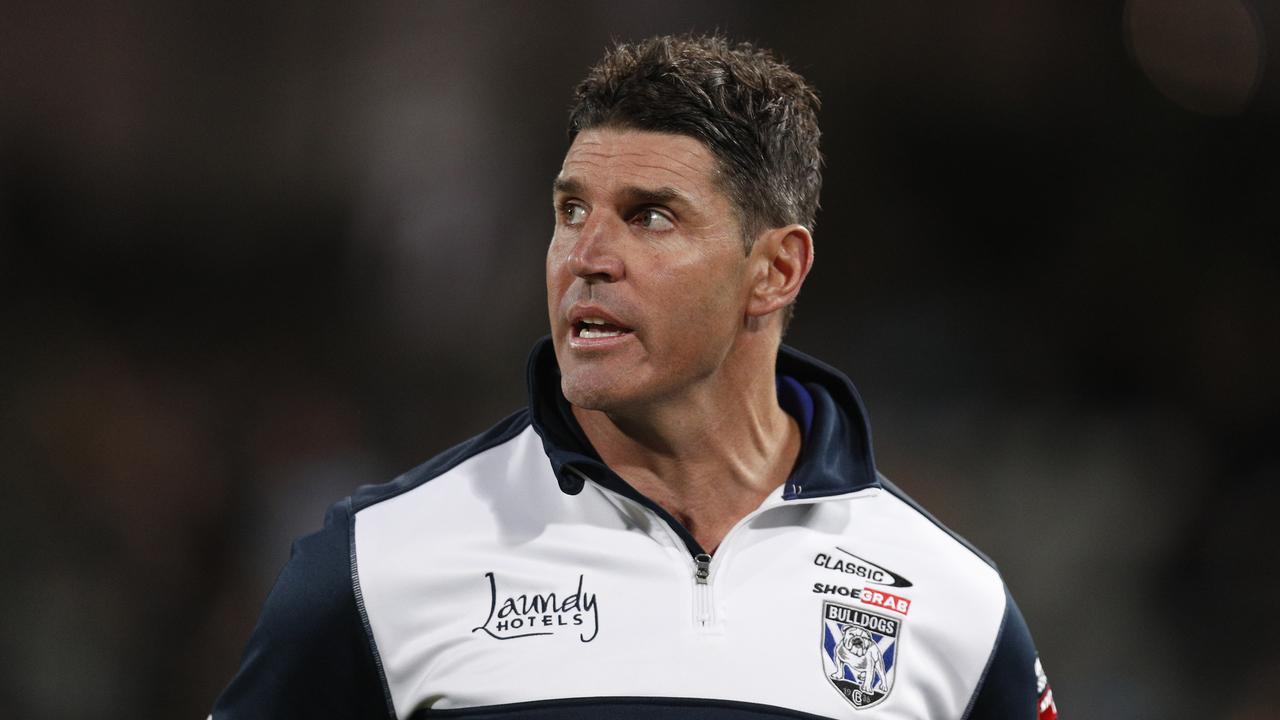 SYDNEY, AUSTRALIA - APRIL 24: Trent Barrett head coach of the Bulldogs looks on during the round seven NRL match between the Cronulla Sharks and the Canterbury Bulldogs at Netstrata Jubilee Stadium, on April 24, 2021 in Sydney, Australia. (Photo by Jason McCawley/Getty Images)