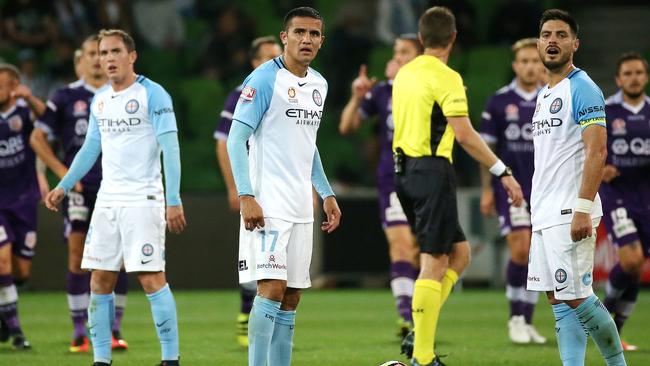 Melbourne City's Tim Cahill and Melbourne City's Bruno Fornaroli.