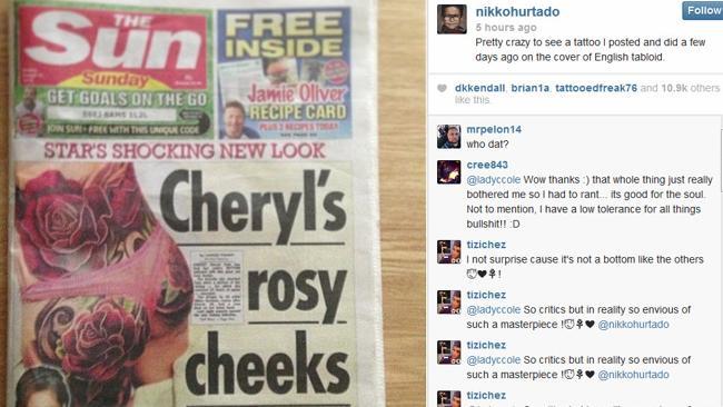 Tattoo artist Nikki Hurtado posted this picture of his artwork on the front page of UK newspaper The Sun. Picture: Instagram 