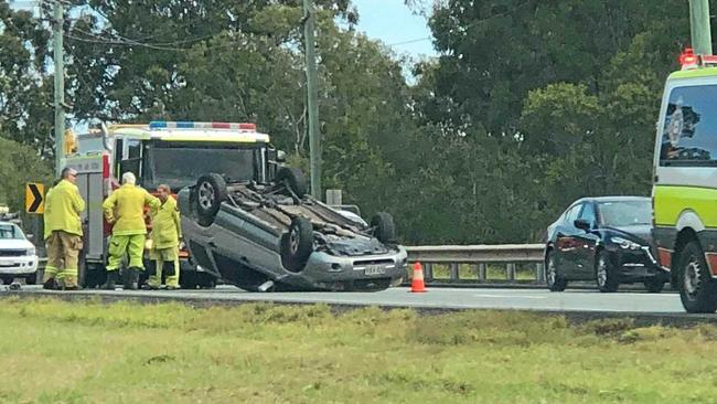 A man escaped serious injury despite being involved in this single vehicle rollover on the Warrego Highway on Friday, June 8. Picture: Gabrielle Hallesy