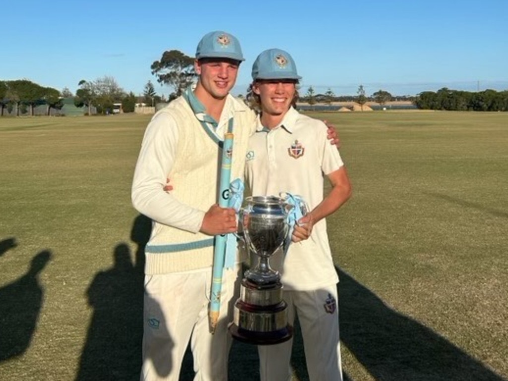 Richmond No.1 pick Sam Lalor (left) and Lachie Russell after Geelong Grammar's APS premiership win last year. Picture: Supplied