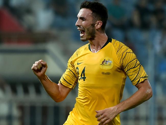 KUWAIT CITY, KUWAIT - OCTOBER 15:  Apostolos Giannou of Australia celebrates scoring the opening goal during the International Friendly match between Kuwait and Australia at Al Kuwait Sports Club Stadium on October 15, 2018 in Kuwait City, Kuwait.  (Photo by Tom Dulat/Getty Images)